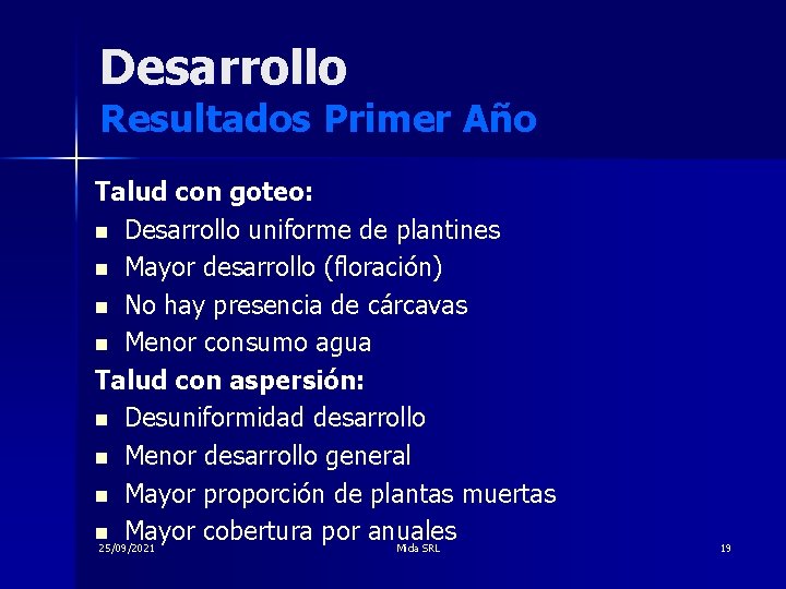 Desarrollo Resultados Primer Año Talud con goteo: n Desarrollo uniforme de plantines n Mayor