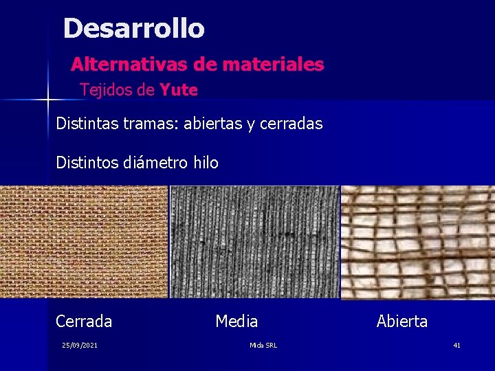 Desarrollo Alternativas de materiales Tejidos de Yute Distintas tramas: abiertas y cerradas Distintos diámetro