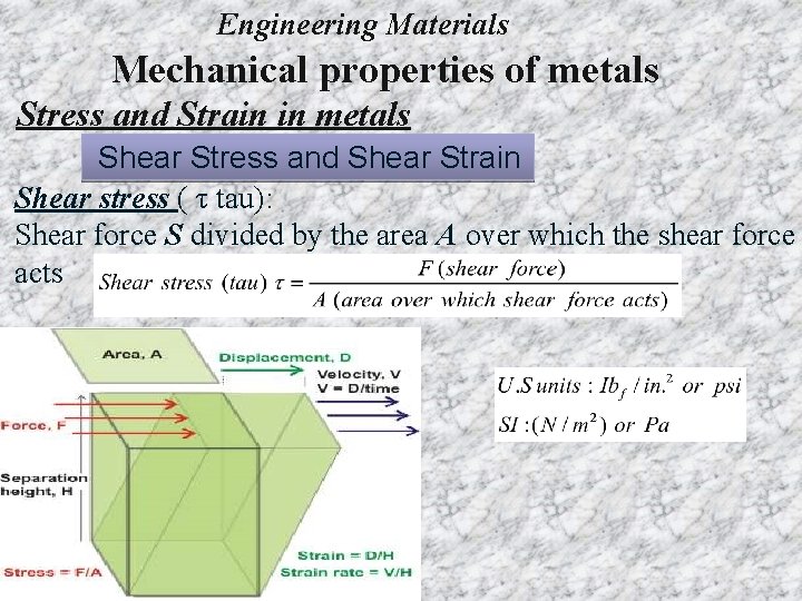 Engineering Materials Mechanical properties of metals Stress and Strain in metals Shear Stress and