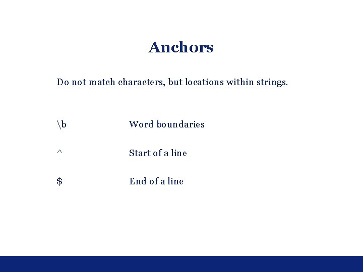 Anchors Do not match characters, but locations within strings. b Word boundaries ^ Start Anchors Do not match characters, but locations within strings. b Word boundaries ^ Start