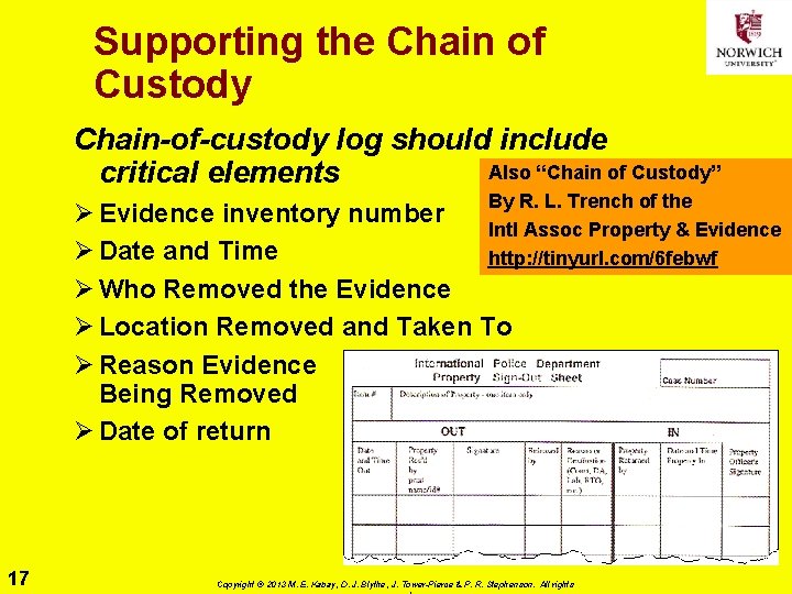 Supporting the Chain of Custody Chain-of-custody log should include Also “Chain of Custody” critical