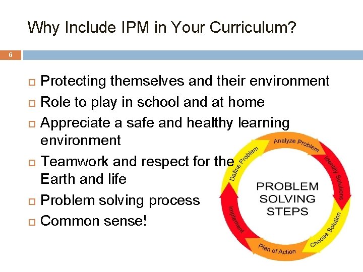 Why Include IPM in Your Curriculum? 6 Protecting themselves and their environment Role to