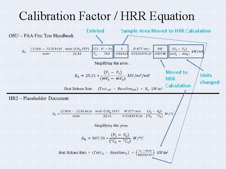 Calibration Factor / HRR Equation Deleted Sample Area Moved to HRR Calculation Units changed