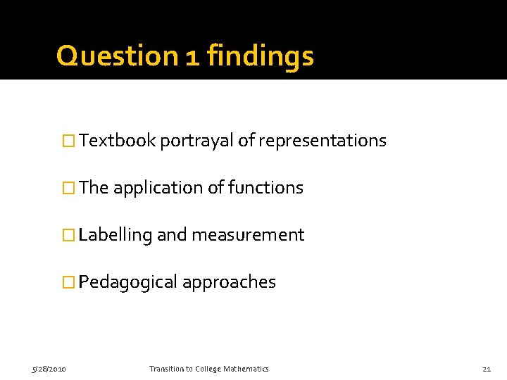 Question 1 findings � Textbook portrayal of representations � The application of functions � Question 1 findings � Textbook portrayal of representations � The application of functions �
