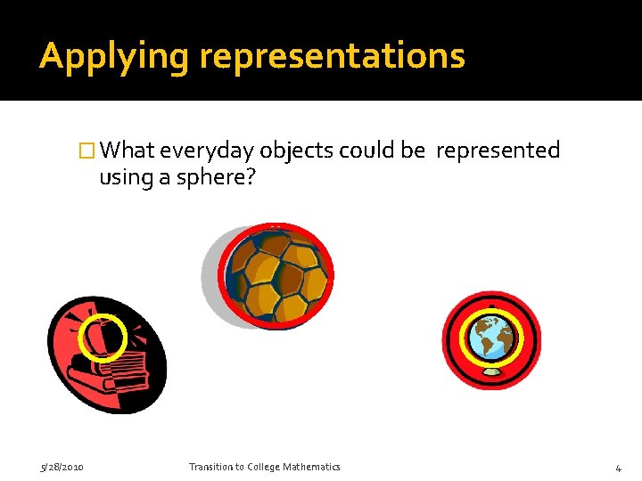 Applying representations � What everyday objects could be using a sphere? 5/28/2010 Transition to Applying representations � What everyday objects could be using a sphere? 5/28/2010 Transition to