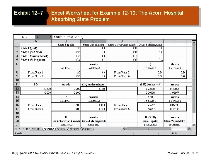 Exhibit 12– 7 Excel Worksheet for Example 12 -10: The Acorn Hospital Absorbing State