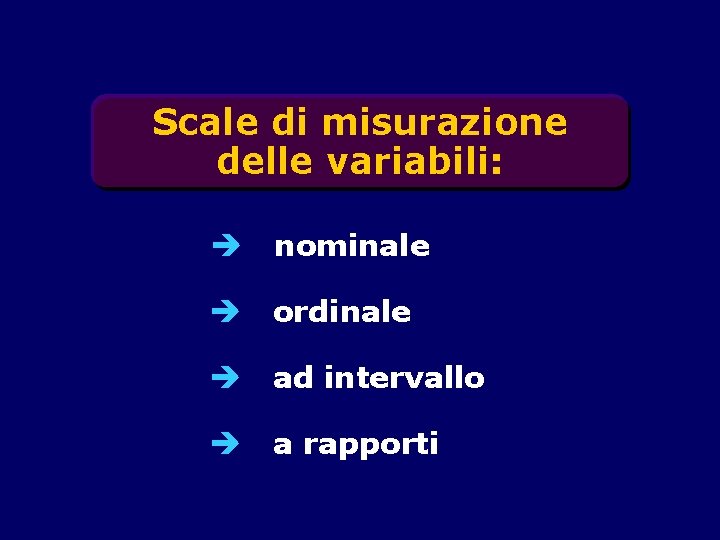 Scale di misurazione delle variabili: nominale ordinale ad intervallo a rapporti 