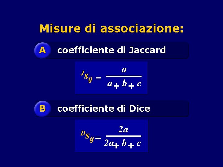 Misure di associazione: A coefficiente di Jaccard Js B ij a a b c