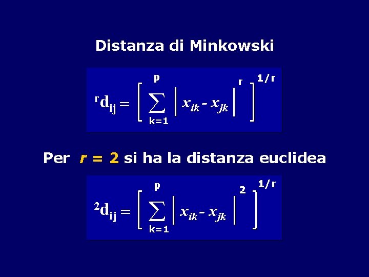 Distanza di Minkowski p rd ij r 1/r xik - xjk k=1 Per r