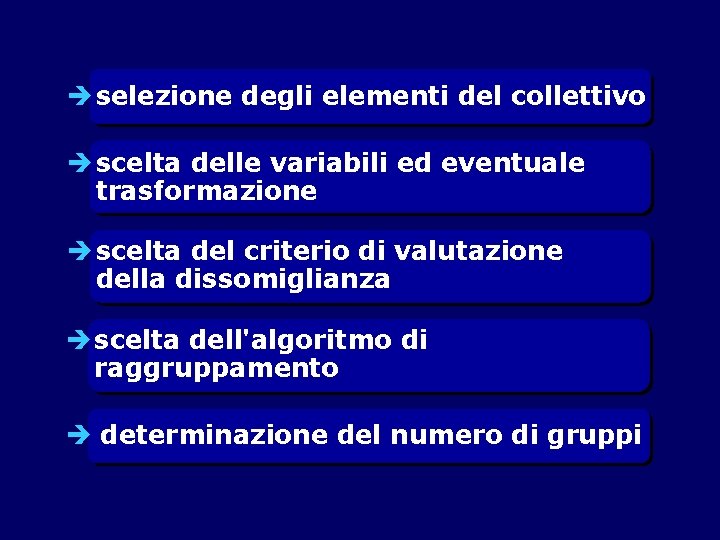  selezione degli elementi del collettivo scelta delle variabili ed eventuale trasformazione scelta del