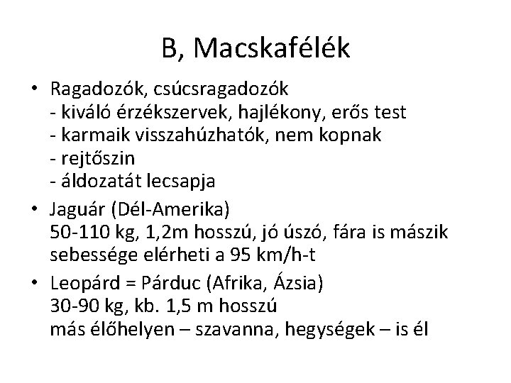 B, Macskafélék • Ragadozók, csúcsragadozók - kiváló érzékszervek, hajlékony, erős test - karmaik visszahúzhatók,