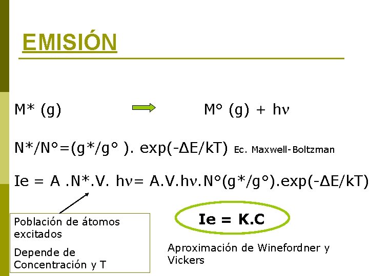 EMISIÓN M* (g) M° (g) + h N*/N°=(g*/g° ). exp(-ΔE/k. T) Ec. Maxwell-Boltzman Ie