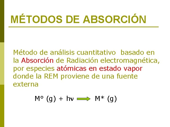 MÉTODOS DE ABSORCIÓN Método de análisis cuantitativo basado en la Absorción de Radiación electromagnética,