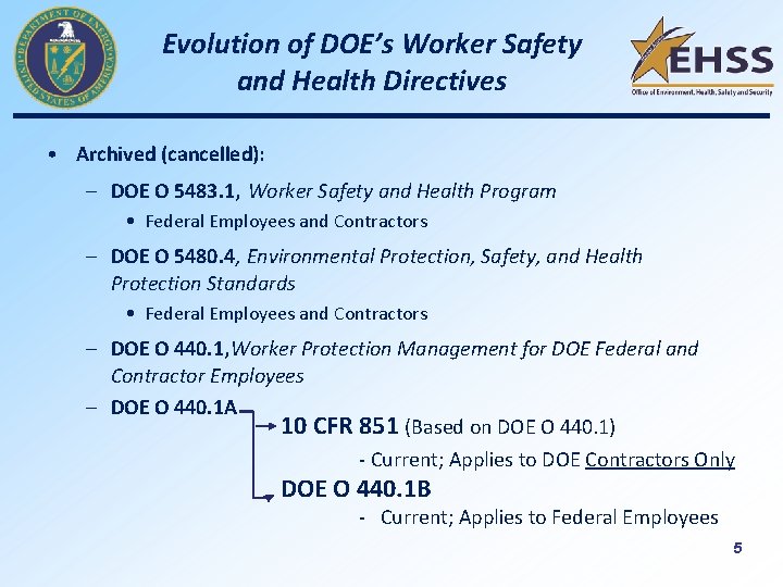 Evolution of DOE’s Worker Safety and Health Directives • Archived (cancelled): – DOE O