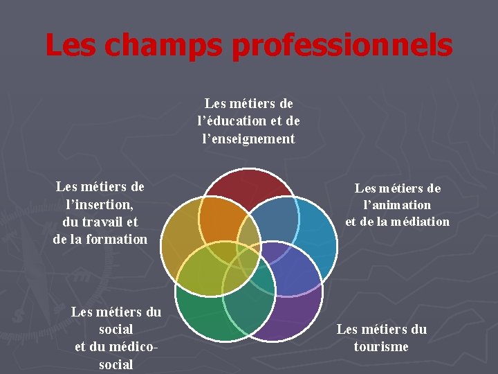 Les champs professionnels Les métiers de l’éducation et de l’enseignement Les métiers de l’insertion,