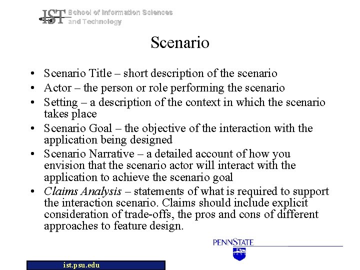 School of Information Sciences and Technology Scenario • Scenario Title – short description of