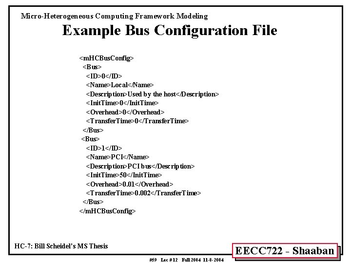 Micro-Heterogeneous Computing Framework Modeling Example Bus Configuration File <m. HCBus. Config> <Bus> <ID>0</ID> <Name>Local</Name>