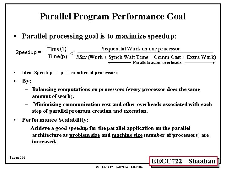 Parallel Program Performance Goal • Parallel processing goal is to maximize speedup: Speedup =