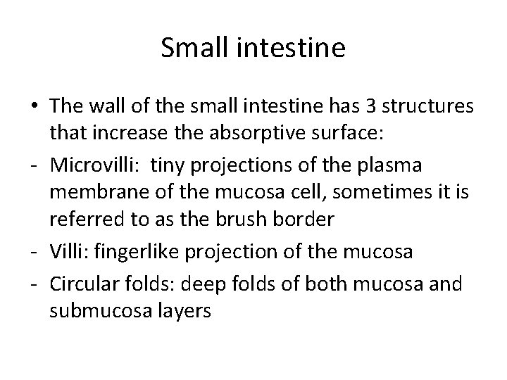 Small intestine • The wall of the small intestine has 3 structures that increase