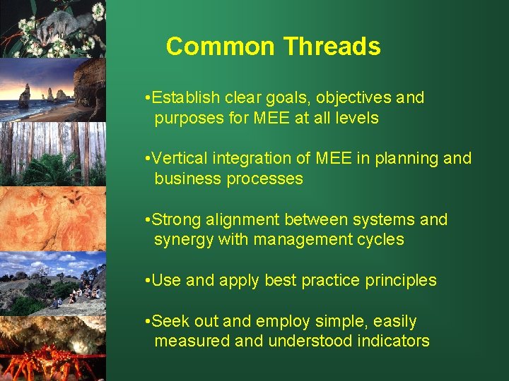 Common Threads • Establish clear goals, objectives and purposes for MEE at all levels