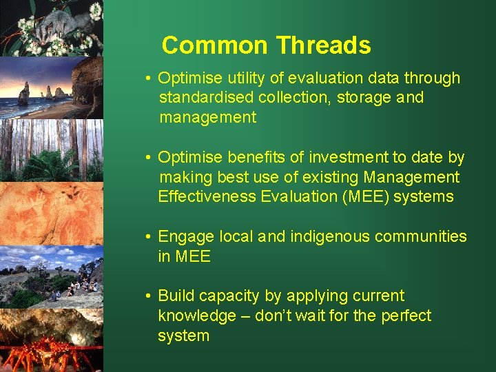 Common Threads • Optimise utility of evaluation data through standardised collection, storage and management