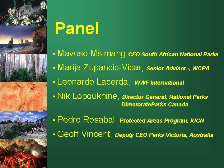 Panel • Mavuso Msimang CEO South African National Parks • Marija Zupancic-Vicar, Senior Advisor