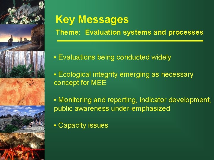 Key Messages Theme: Evaluation systems and processes • Evaluations being conducted widely • Ecological