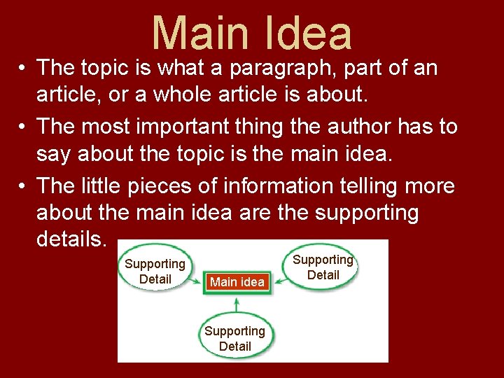 Main Idea • The topic is what a paragraph, part of an article, or