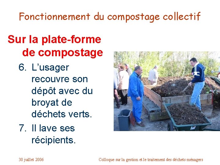 Fonctionnement du compostage collectif Sur la plate-forme de compostage 6. L’usager recouvre son dépôt