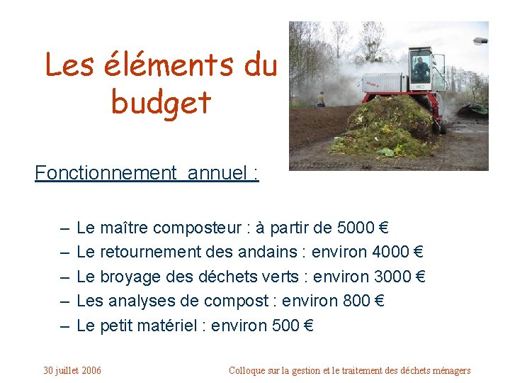 Les éléments du budget Fonctionnement annuel : – – – Le maître composteur :