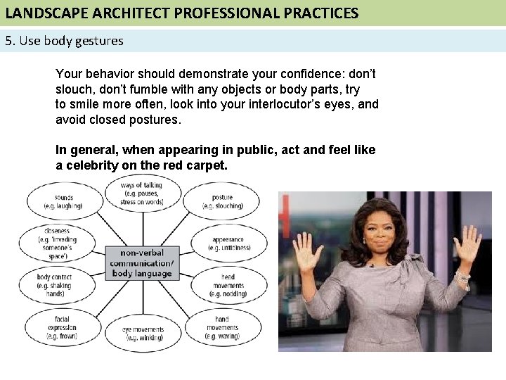 LANDSCAPE ARCHITECT PROFESSIONAL PRACTICES 5. Use body gestures Your behavior should demonstrate your confidence: