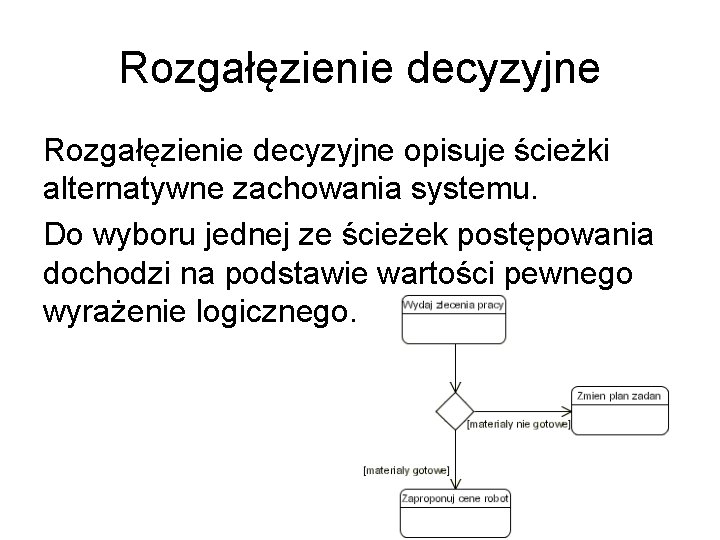 Rozgałęzienie decyzyjne opisuje ścieżki alternatywne zachowania systemu. Do wyboru jednej ze ścieżek postępowania dochodzi