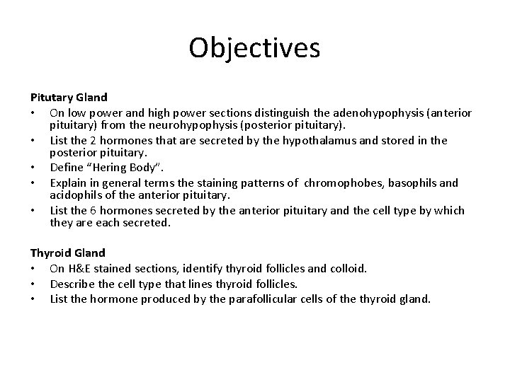 Objectives Pitutary Gland • On low power and high power sections distinguish the adenohypophysis