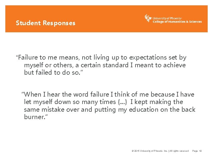Student Responses “Failure to me means, not living up to expectations set by myself