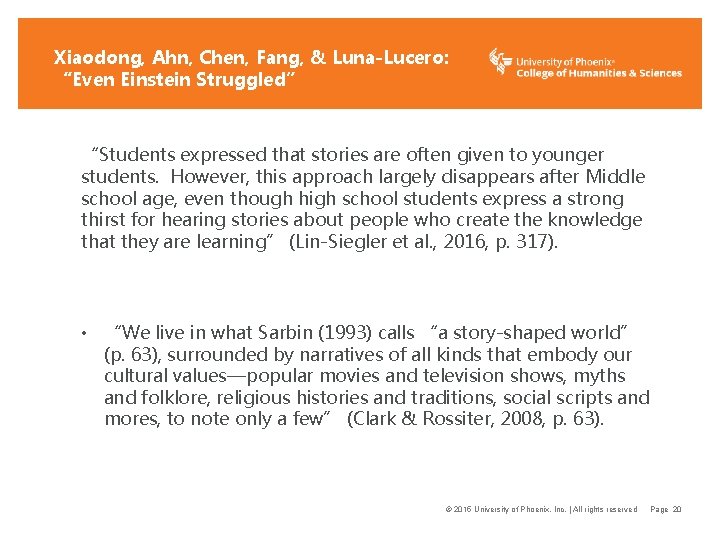 Xiaodong, Ahn, Chen, Fang, & Luna-Lucero: “Even Einstein Struggled” “Students expressed that stories are