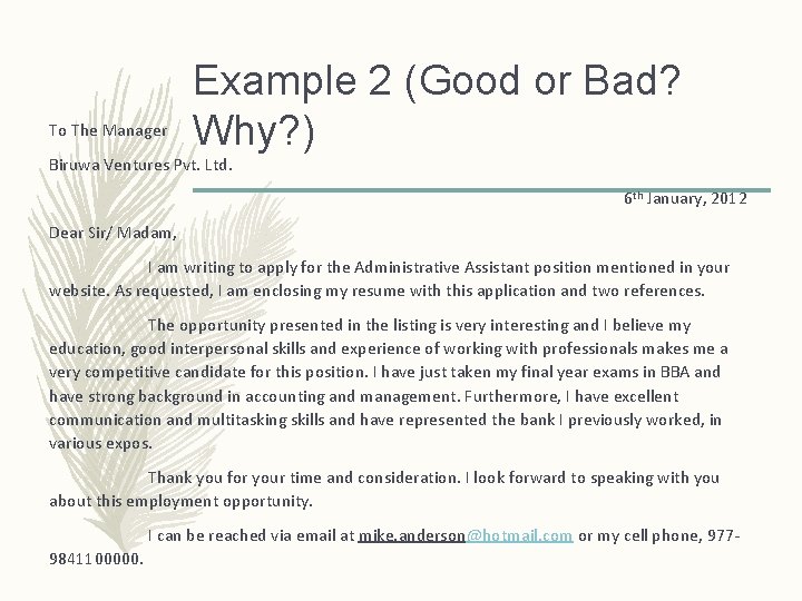 To The Manager Example 2 (Good or Bad? Why? ) Biruwa Ventures Pvt. Ltd.