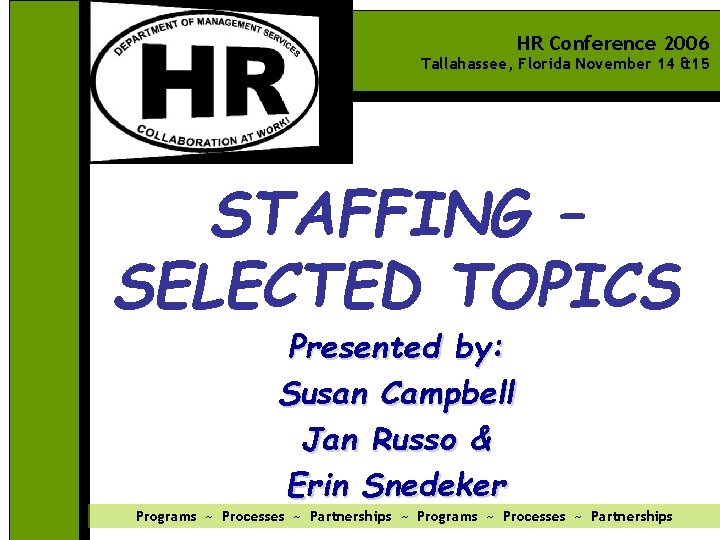 HR Conference 2006 Tallahassee, Florida November 14 &15 STAFFING – SELECTED TOPICS Presented by: