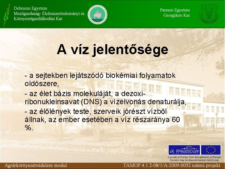 A víz jelentősége - a sejtekben lejátszódó biokémiai folyamatok oldószere, - az élet bázis