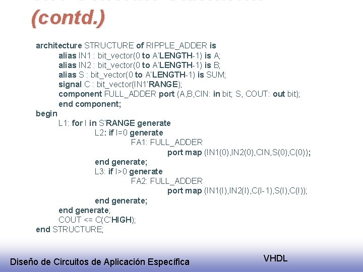 The Generate Statement (contd. ) architecture STRUCTURE of RIPPLE_ADDER is alias IN 1 :