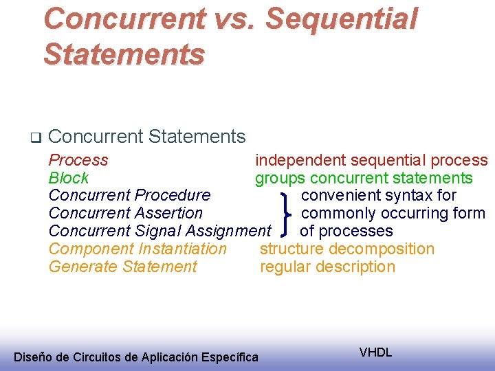 Concurrent vs. Sequential Statements q Concurrent Statements Process independent sequential process Block groups concurrent