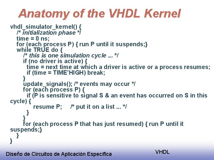 Anatomy of the VHDL Kernel vhdl_simulator_kernel() { /* initialization phase */ time = 0