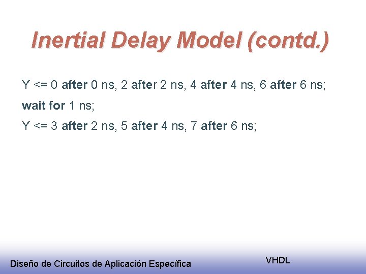 Inertial Delay Model (contd. ) Y <= 0 after 0 ns, 2 after 2