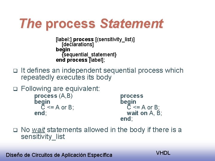 The process Statement [label: ] process [(sensitivity_list)] [declarations] begin {sequential_statement} end process [label]; q