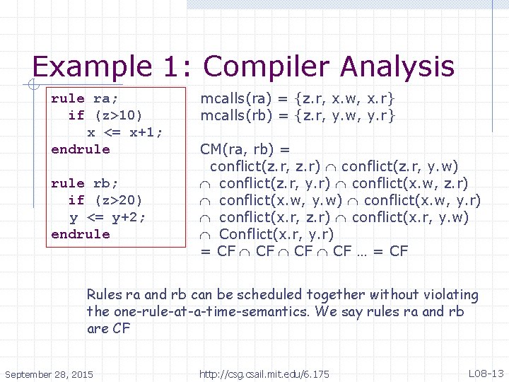 Example 1: Compiler Analysis rule ra; if (z>10) x <= x+1; endrule rb; if