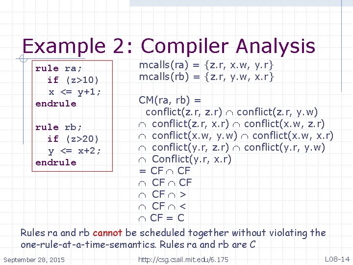 Example 2: Compiler Analysis rule ra; if (z>10) x <= y+1; endrule rb; if