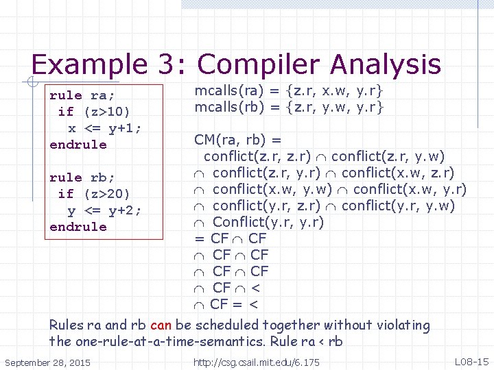 Example 3: Compiler Analysis rule ra; if (z>10) x <= y+1; endrule rb; if