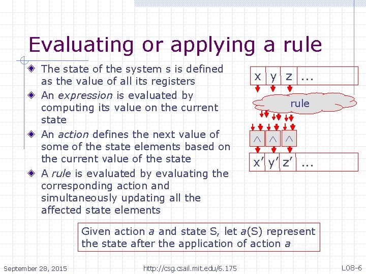 Evaluating or applying a rule The state of the system s is defined as