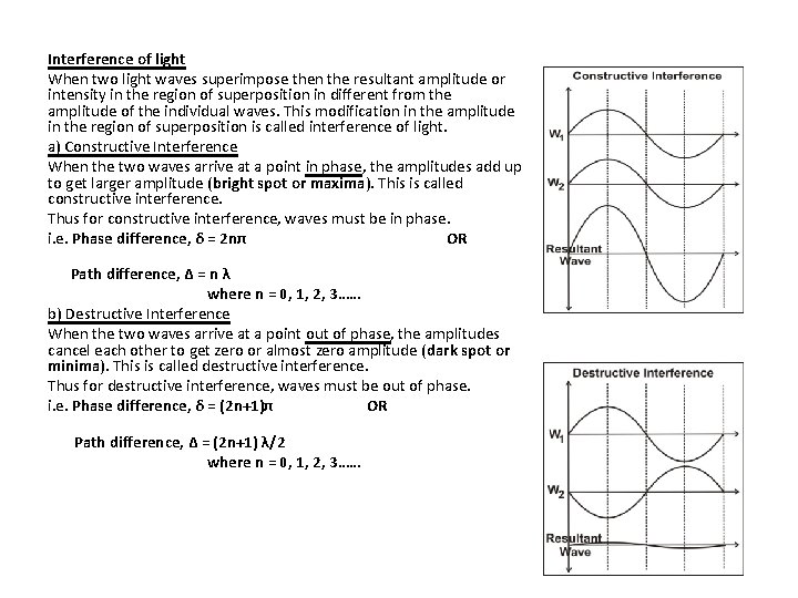 Interference of light When two light waves superimpose then the resultant amplitude or intensity
