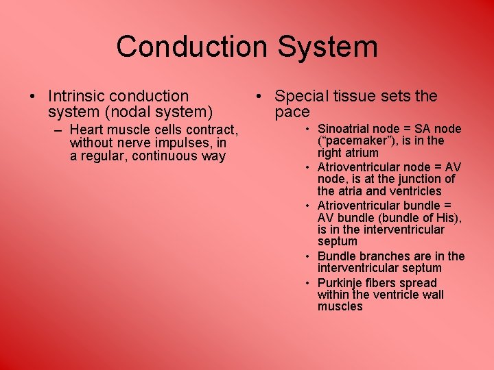 Conduction System • Intrinsic conduction system (nodal system) – Heart muscle cells contract, without