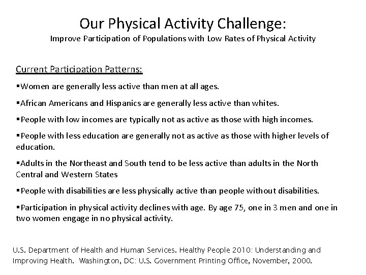 Our Physical Activity Challenge: Improve Participation of Populations with Low Rates of Physical Activity